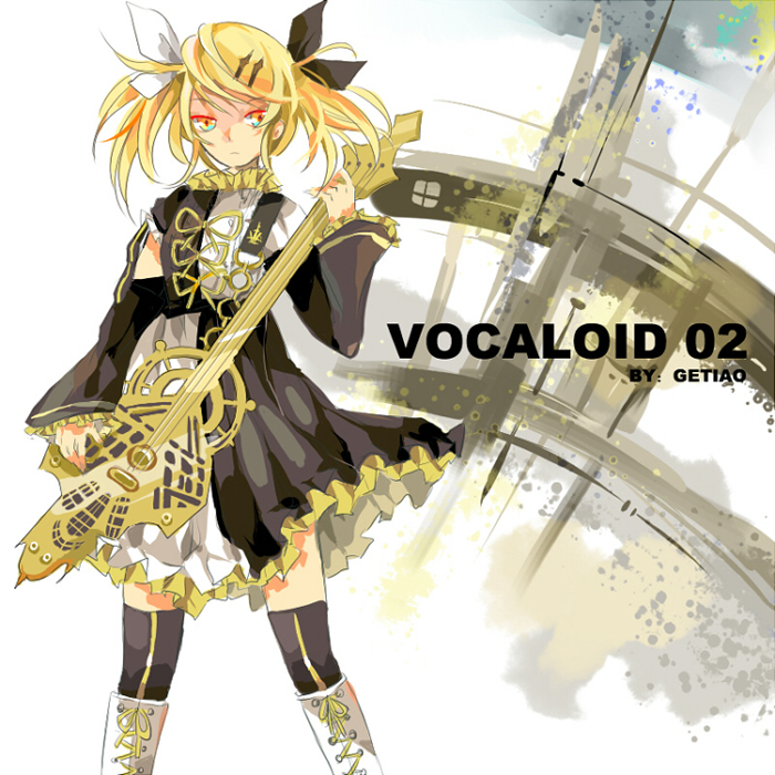 getiao, kagamine rin, kagamine rin (reactor), roshin yuukai (vocaloid), vocaloid, 1girl, alternate hairstyle, aqua eyes, artistic error, bass guitar, blonde hair, boots, detached sleeves, female focus, guitar, hair ornament, hair ribbon, hairclip, instrument, long hair, ribbon, solo, thighhighs, twintails, white background, zettai ryouiki