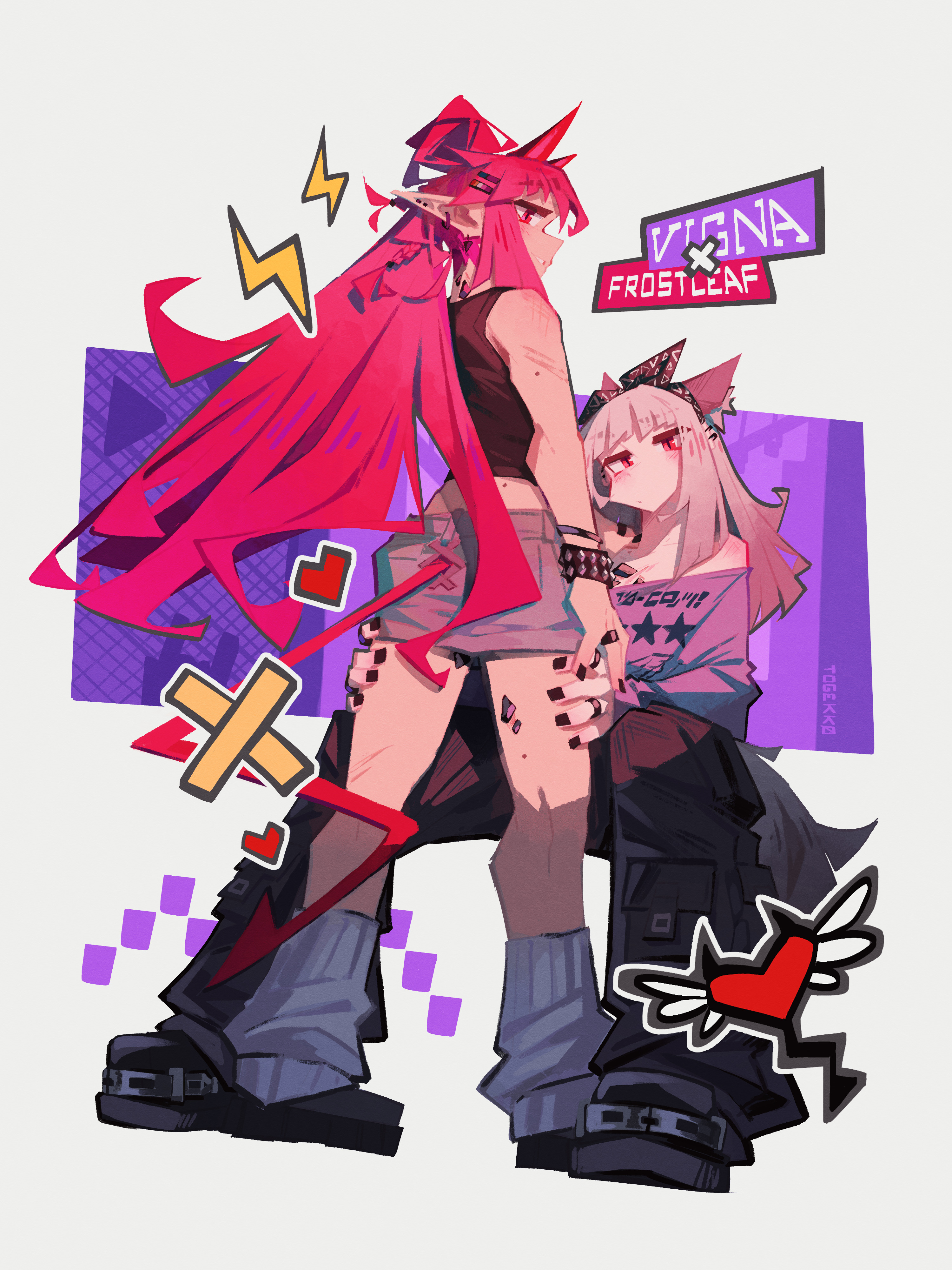 togekk0, arknights, absurdres, highres, black nails, boots, earrings, hand on another's thigh, heart, jewelry, long hair, nail polish, pants, pink eyes, pointy ears, red hair, simple background, smile, sweater, teeth, white background, yuri