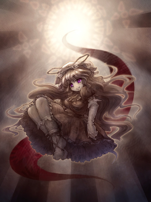 sankuma, yakumo yukari, touhou, 1girl, elbow gloves, female focus, full body, gap (touhou), gloves, hat, long hair, purple eyes, solo