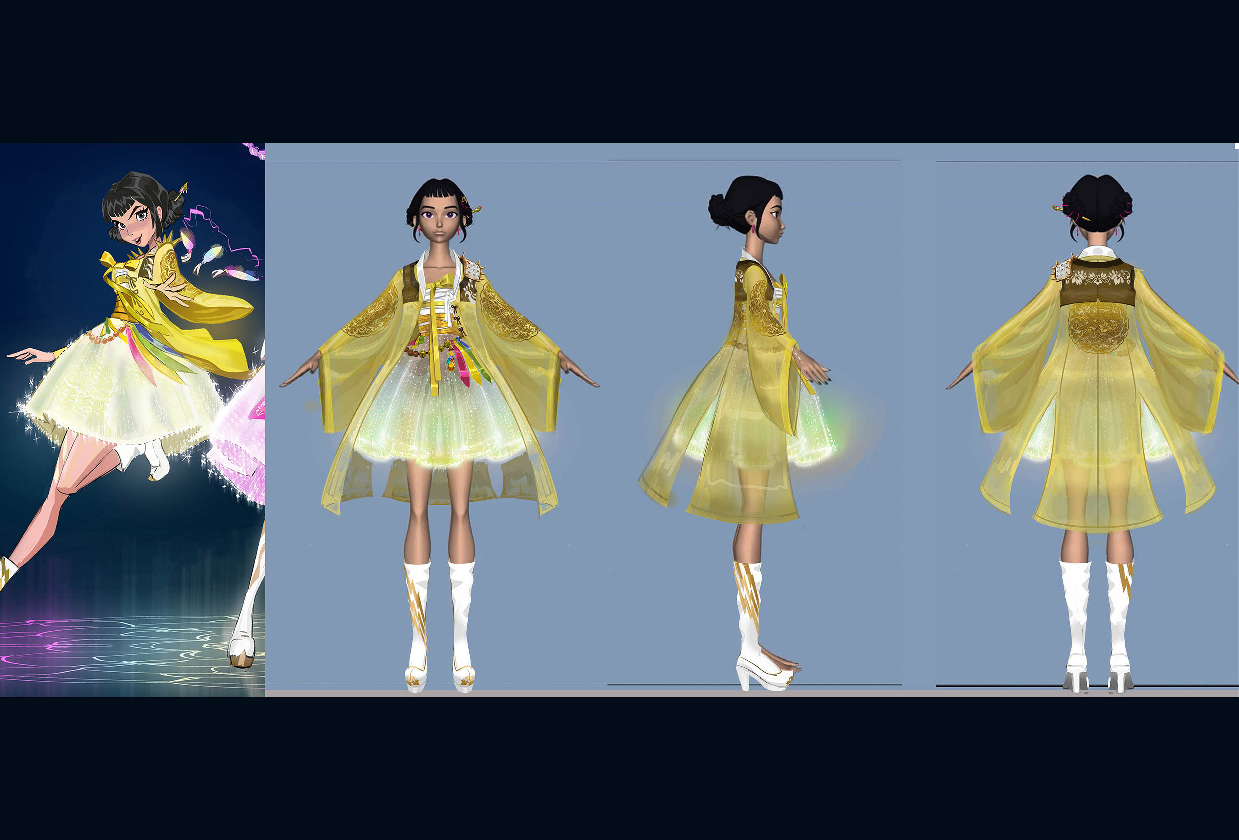 zoey (kpop demon hunters), kpop demon hunters, absurdres, commentary, english commentary, highres, 1girl, back, black hair, blunt bangs, boots, double bun, hair bun, high heel boots, high heels, joune5064, letterboxed, multiple views, outstretched arms, sash, short bangs, skirt, white boots, wide sleeves, yellow hanbok