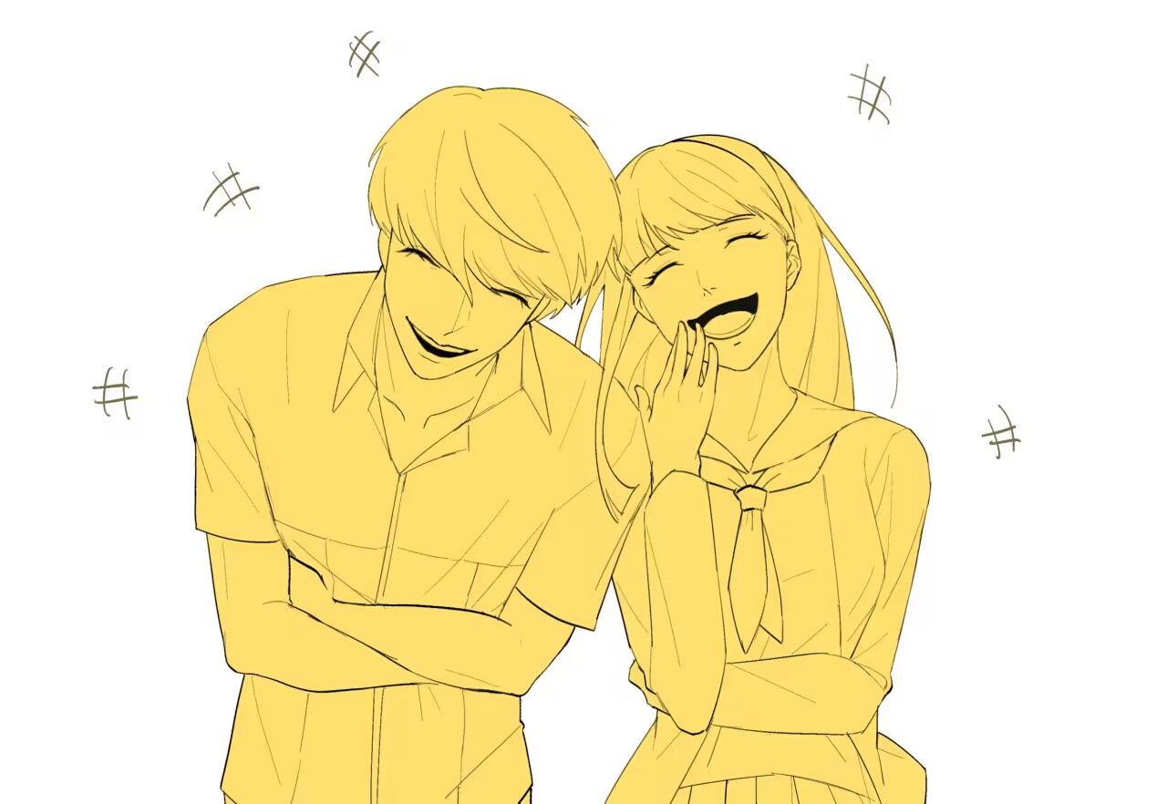 catfish05, amagi yukiko, narukami yu, persona, persona 4, chinese commentary, commentary request, 1boy, 1girl, closed eyes, collared shirt, crossed arms, hand to own mouth, laughing, long hair, long sleeves, monochrome, open mouth, shirt, short hair, short sleeves, simple background, smile, upper body, white background, yellow theme