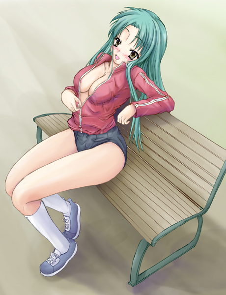 yo-jin, tsuruya, suzumiya haruhi no yuuutsu, 1girl, bench, blush, breasts, cleavage, female focus, green hair, large breasts, legs, long hair, nipple slip, nipples, no bra, parody, solo, track suit, unzipping, yaranaika