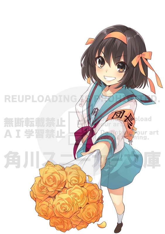 ito noizi, suzumiya haruhi, suzumiya haruhi no yuuutsu, artist request, check artist, official art, 1girl, armband, blue sailor collar, blue skirt, blush, bouquet, bow, bowtie, brown eyes, brown hair, brown shoes, flower, hair ribbon, hairband, holding, holding bouquet, kita high school uniform, long sleeves, looking at viewer, medium hair, miniskirt, orange armband, orange flower, orange ribbon, red bow, red bowtie, ribbon, sailor collar, school uniform, shirt, shoes, simple background, skirt, smile, socks, solo, standing, watermark, white background, white shirt, white socks