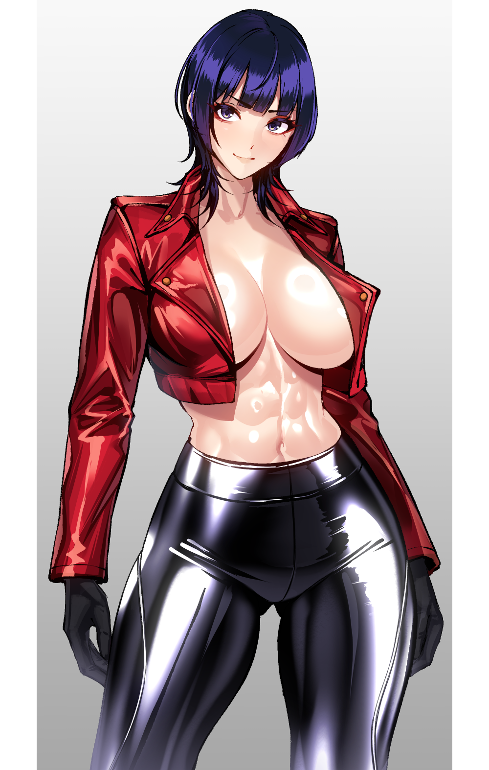 volyz, original, highres, 1girl, abs, black gloves, black pants, blue eyes, blue hair, blunt bangs, breasts, cleavage, collarbone, gloves, gluteal fold, jacket, large breasts, leather, leather jacket, looking at viewer, navel, open clothes, open jacket, pants, red jacket, shiny clothes, shiny legwear, short hair, smile, solo