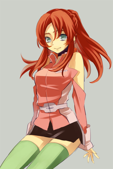 tibino, flay allster, gundam, gundam seed, 00s, 1girl, belt, female focus, green eyes, green thighhighs, long hair, military, military uniform, pencil skirt, ponytail, red hair, simple background, skirt, smile, solo, thighhighs, zettai ryouiki