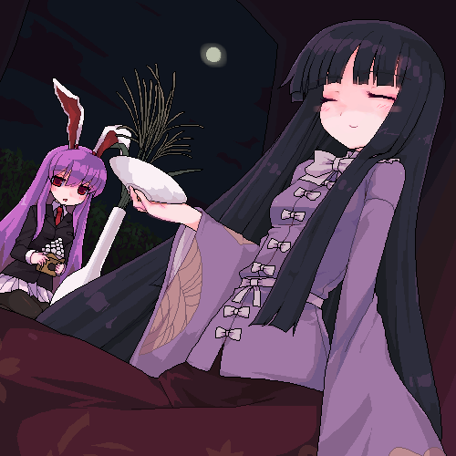 ktsecond, houraisan kaguya, reisen udongein inaba, touhou, bad id, bad pixiv id, lowres, 2girls, animal ears, black hair, blazer, bowl, closed eyes, dango, female focus, food, full moon, holding, holding bowl, jacket, light smile, long hair, moon, multiple girls, necktie, oekaki, purple hair, rabbit ears, red eyes, sitting, very long hair, wagashi, wide sleeves