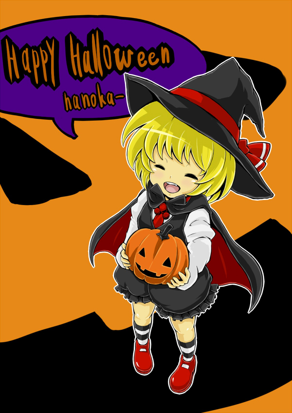 tsuttsu, rumia, embodiment of scarlet devil, touhou, bad id, bad pixiv id, 1girl, blonde hair, cape, female focus, halloween, happy halloween, hat, jack-o'-lantern, pumpkin, red eyes, short hair, solo, witch hat