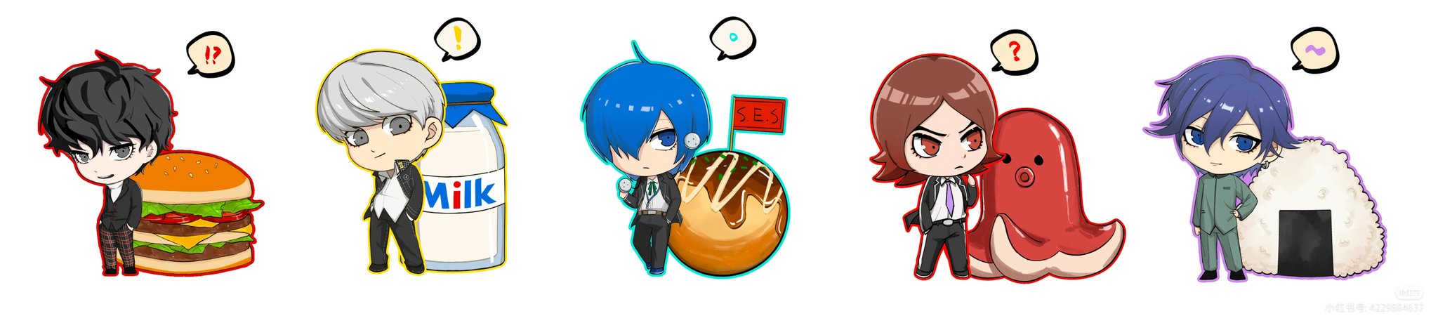 catfish05, amamiya ren, narukami yu, suou tatsuya, toudou naoya, yuuki makoto (persona 3), persona, persona 1, persona 2, persona 3, persona 4, persona 5, hashtag-only commentary, highres, long image, wide image, !, !?, 5boys, ?, black hair, black jacket, black pants, blue eyes, blue hair, bottle, brown eyes, brown hair, burger, chibi, chibi only, closed mouth, collared shirt, food, food art, full body, gekkoukan high school uniform, grey eyes, grey hair, hands in pockets, jacket, long sleeves, looking at viewer, looking to the side, male focus, milk, milk bottle, multiple boys, onigiri, open mouth, pants, purple hair, s.e.e.s, school uniform, seven sisters high school uniform, shirt, short hair, shuujin academy school uniform, simple background, speech bubble, spoken exclamation mark, spoken interrobang, spoken question mark, st. hermelin school uniform, standing, tako-san wiener, takoyaki, white background, white shirt, yasogami school uniform