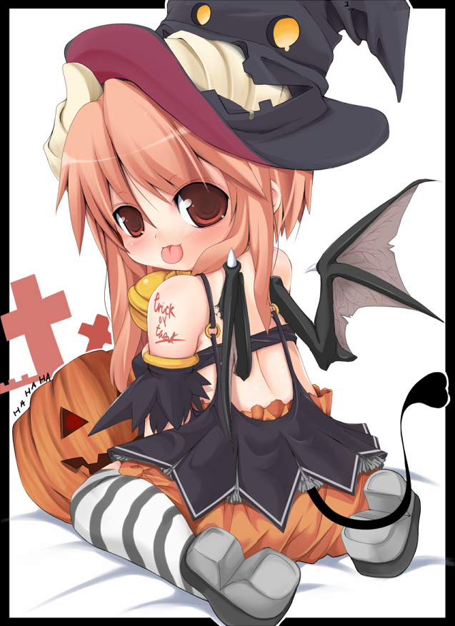 fushuu, original, :p, bare shoulders, bat wings, bell, blush, brown eyes, brown hair, halloween, hat, horns, jack-o'-lantern, kneeling, loli, looking back, pumpkin, short hair, sitting, solo, striped clothes, striped thighhighs, tail, thighhighs, tongue, tongue out, wings, witch hat
