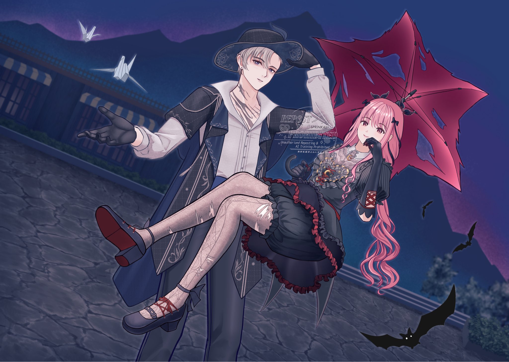 nao (sprinkanao), dream-like night (infinity nikki), giovanni (infinity nikki), nikki (nikki), infinity nikki, nikki (series), commentary, english commentary, highres, 1boy, 1girl, animal, asymmetrical hair, bat (animal), black bloomers, black bow, black dress, black gloves, black ribbon, black shoes, bloomers, blue coat, blue hat, blunt bangs, bow, brown eyes, buttons, closed mouth, coat, cobblestone, collared shirt, contrast collar, crescent, cross-laced armwear, dress, dress pants, dress shirt, dutch angle, expressionless, eyelashes, feet out of frame, floating, frilled dress, frilled sleeves, frills, full body, game screenshot background, gloves, gothic lolita, grey eyes, grey hair, grey pants, grey pantyhose, hair between eyes, hair bow, hair ribbon, hand on headwear, hand on own cheek, hand on own face, happy, hat, heart, heart print, high-waist pants, high heels, layered sleeves, light frown, lolita fashion, long hair, long sidelocks, long sleeves, looking at viewer, low twintails, mountain, multiple hair bows, night, open clothes, open coat, origami, outdoors, outstretched hand, pants, pantyhose, paper crane, paperclip, pink hair, pink shirt, print dress, puffy long sleeves, puffy short sleeves, puffy sleeves, pumps, railing, red umbrella, ribbon, scar, scar on chest, screenshot background, see-through pantyhose, shirt, shirt under dress, shoes, short dress, short hair, short over long sleeves, short sleeves, sidelocks, smile, standing, torn clothes, torn pantyhose, torn umbrella, tree, tress ribbon, twintails, umbrella, umbrella over shoulder, underwear, very long hair, watermark, wavy hair, white shirt