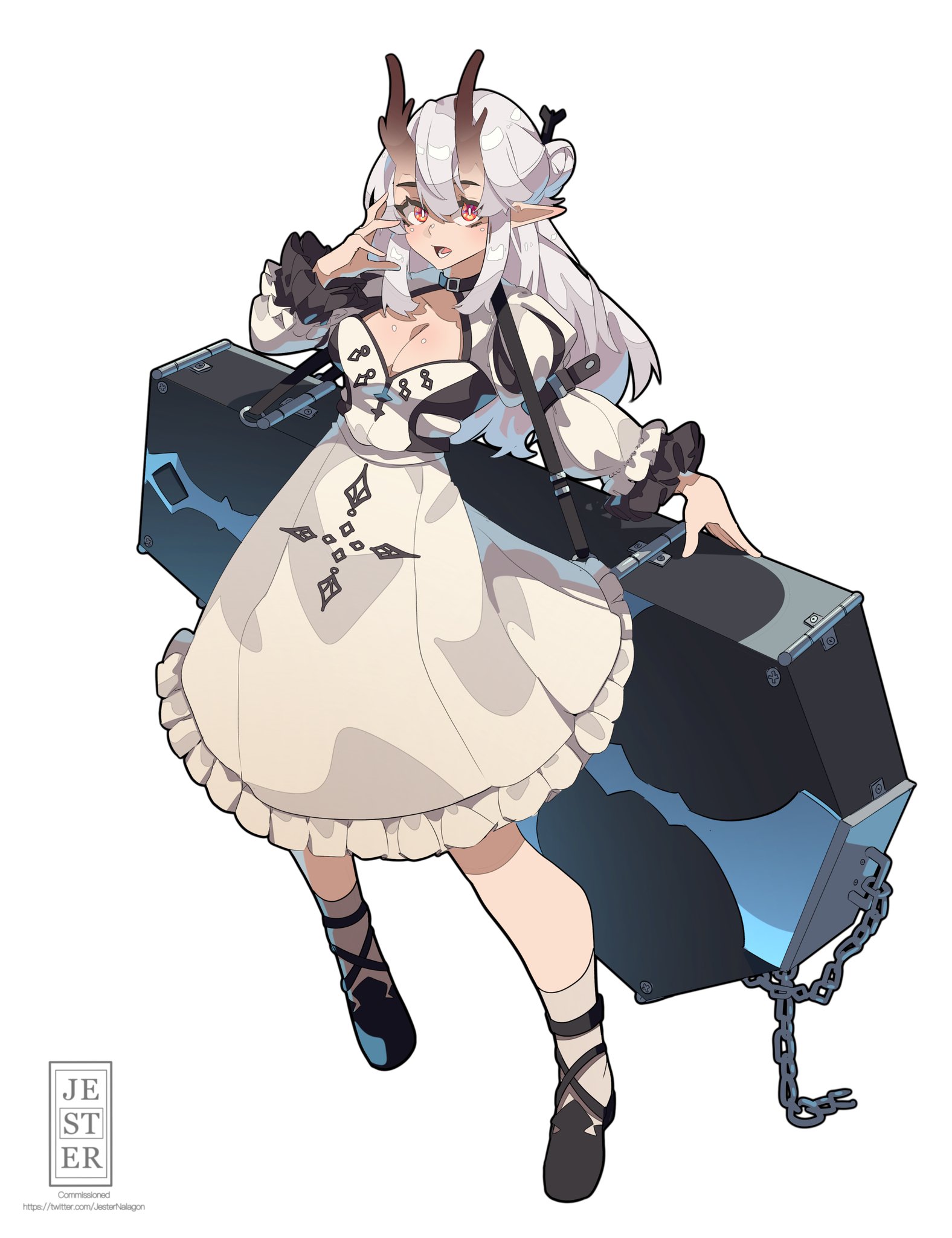 jesternalagon, original, highres, 1girl, black bow, black shoes, bow, breasts, chain, choker, cleavage, cleavage cutout, clothing cutout, coffin, cuffs, dress, frills, full body, grey hair, hair between eyes, hair bun, holding, holding coffin, horns, long hair, long sleeves, looking at viewer, multicolored hair, oni, open mouth, pointy ears, puffy sleeves, red eyes, shoes, sidelocks, skin-covered horns, smile, socks, solo, streaked hair, white dress, white socks