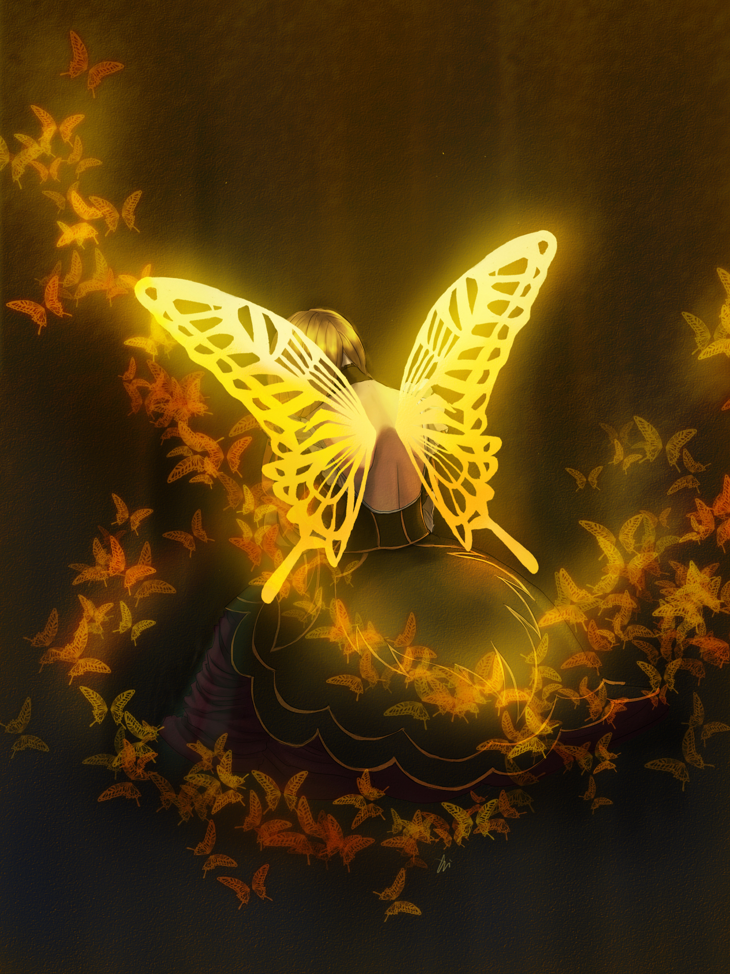 chimi, beatrice (umineko), umineko no naku koro ni, bad id, bad pixiv id, highres, 00s, 1girl, back, backless dress, backless outfit, blonde hair, bug, butterfly, butterfly wings, choker, dress, female focus, from behind, hair down, insect, insect wings, long hair, solo, wings