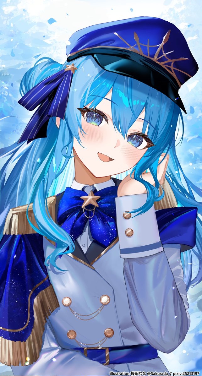 sakurada nana, hoshimachi suisei, hololive, commentary, symbol-only commentary, 1girl, alternate costume, artist name, belt, blue background, blue belt, blue eyes, blue hair, blue hat, blue ribbon, blush, buttoned cuffs, buttons, double-breasted, flat chest, grey jacket, hair between eyes, hair ornament, hand in own hair, hat, jacket, long hair, looking at viewer, open mouth, ribbon, shirt, shoulder pads, side ponytail, sidelocks, smile, solo, star (symbol), star hair ornament, star in eye, symbol in eye, virtual youtuber, white shirt