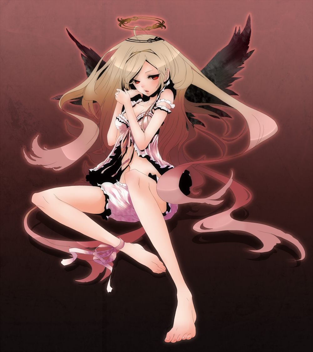 plastick, original, bad id, bad pixiv id, 1girl, angel, barefoot, black wings, blonde hair, bloomers, blush, feet, female focus, frills, halo, legs, lingerie, lips, long hair, navel, open mouth, red eyes, ribbon, sitting, solo, underwear, very long hair, wings