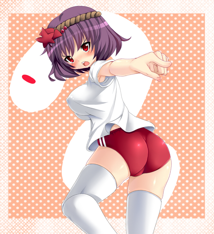 kuro minamo, yasaka kanako, touhou, bad id, bad pixiv id, 1girl, alternate costume, ass, breasts, buruma, female focus, foreshortening, frown, gym uniform, hair ornament, impossible clothes, impossible shirt, large breasts, leaf, leaf hair ornament, pointing, polka dot, polka dot background, purple hair, red eyes, shirt, short hair, solo, thighhighs