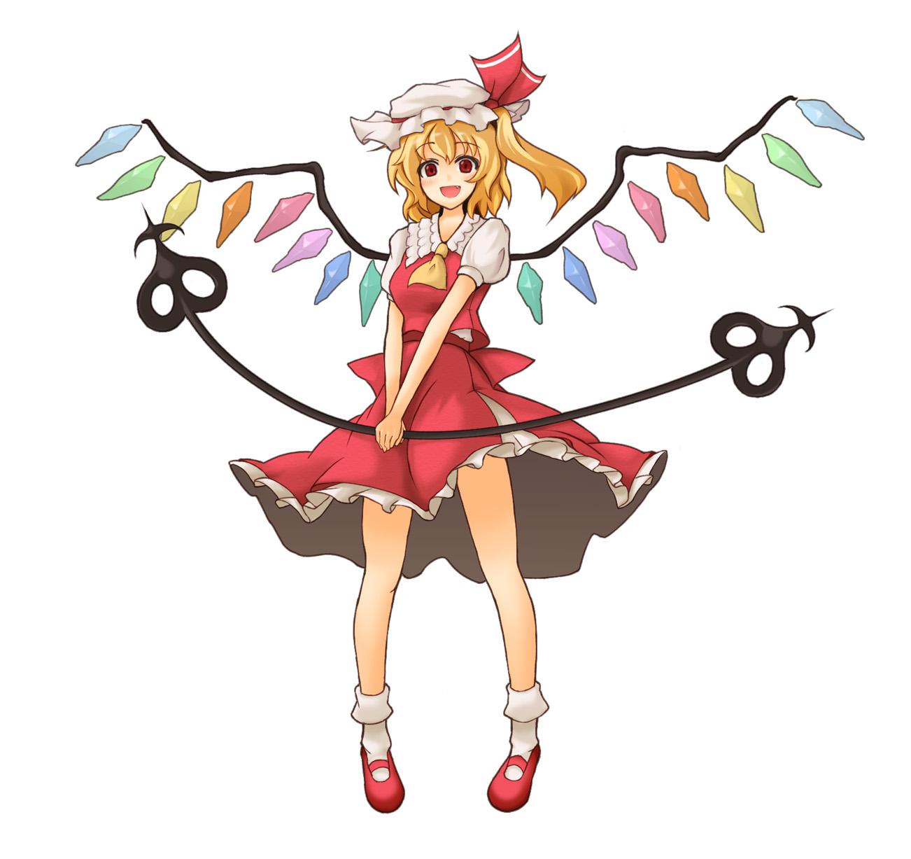vorlaufig, flandre scarlet, embodiment of scarlet devil, touhou, highres, 1girl, blonde hair, female focus, full body, hat, ponytail, red eyes, short hair, side ponytail, simple background, solo, white background, wings