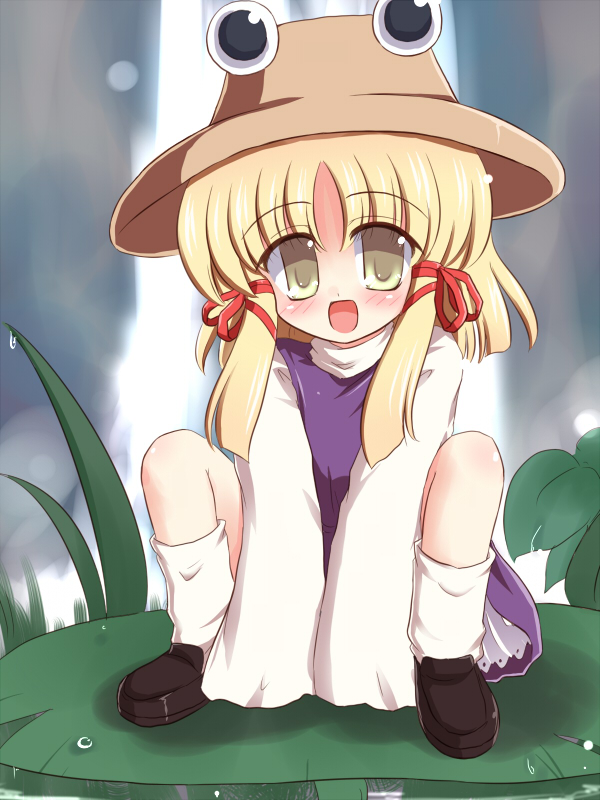 ry (yagoyago), moriya suwako, touhou, 1girl, blonde hair, female focus, hat, lily pad, nature, outdoors, short hair, solo, yellow eyes