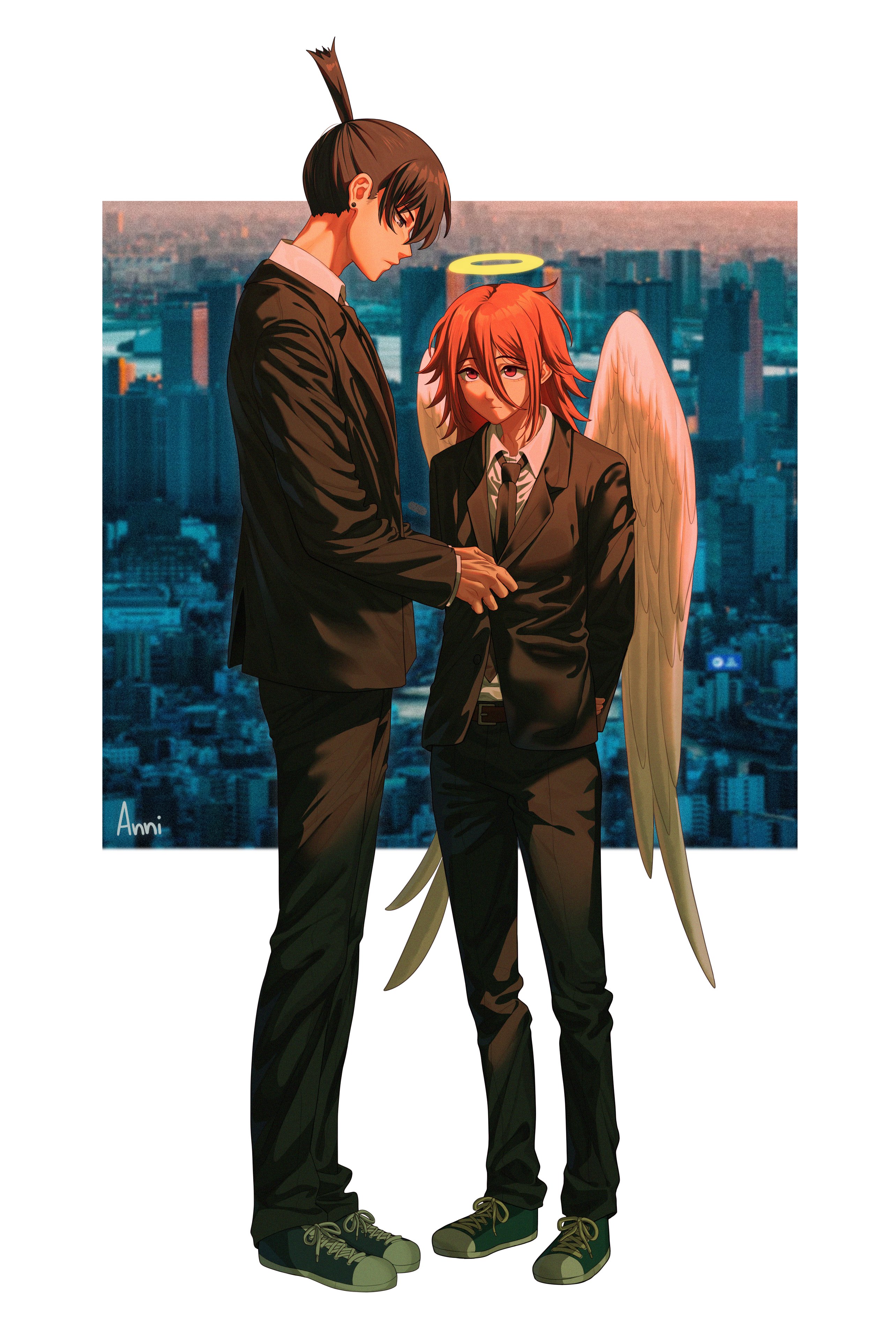 annidrw, angel devil (chainsaw man), hayakawa aki, chainsaw man, absurdres, hashtag-only commentary, highres, 2boys, angel, angel wings, belt, black hair, black jacket, black necktie, black pants, closed mouth, collared shirt, earrings, formal clothes, full body, hair between eyes, halo, height difference, jacket, jewelry, long hair, male focus, multiple boys, necktie, pants, shirt, short hair, standing, suit, suit jacket, topknot, traditional halo, white shirt, white wings, wings