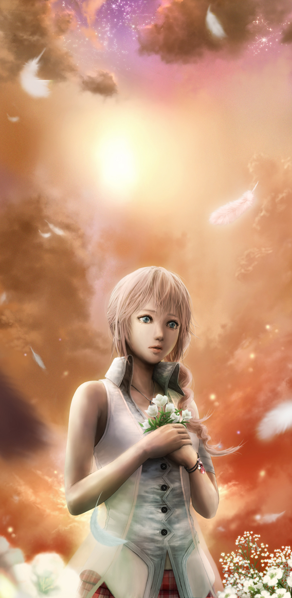 rinzou (dangan), serah farron, final fantasy, final fantasy xiii, bad id, bad pixiv id, highres, 10s, 1girl, blonde hair, blue eyes, feathers, female focus, flower, pink hair, side ponytail, solo