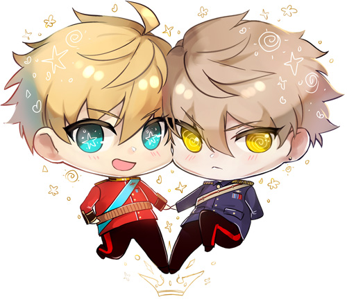 pvc parfait, arthur pendragon (fate), arthur pendragon alter (fate), fate/grand order, fate (series), commentary request, lowres, 2boys, @ @, ahoge, belt, black pants, black shoes, blonde hair, blue eyes, blue sash, blush, brown belt, brown hair, chibi, chibi only, closed mouth, collared jacket, dual persona, earrings, full body, hair between eyes, hand on own hip, heart, holding hands, jacket, jewelry, long sleeves, looking at viewer, male focus, medal, military, military jacket, military uniform, multiple boys, open mouth, pants, pocket, pointed crown, purple jacket, red jacket, sash, shoes, short hair, simple background, smile, sparkle, standing, standing on one leg, star-shaped pupils, star (symbol), symbol-shaped pupils, v-shaped eyebrows, white background, yellow eyes, yellow sash