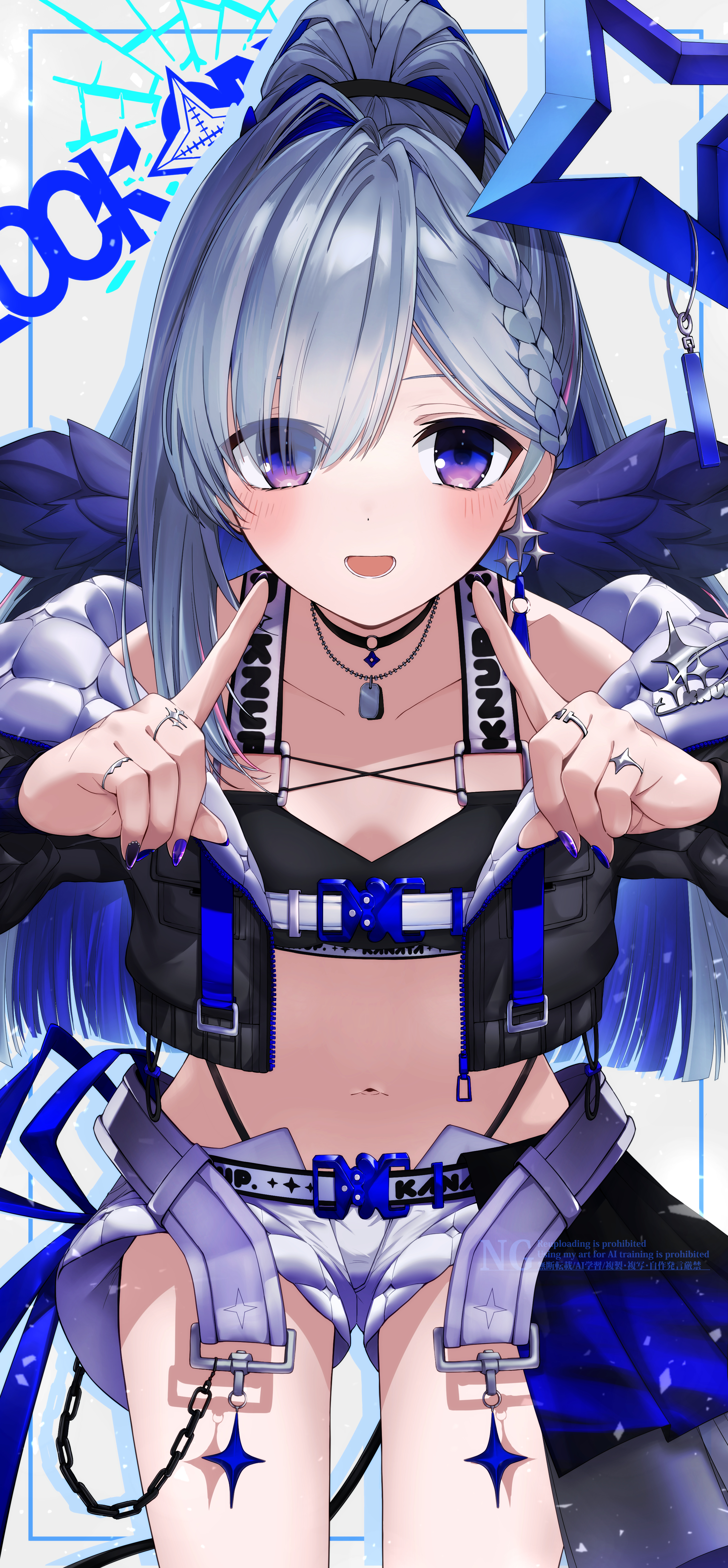 harii (janib5kc), amane kanata, amane kanata (lock on), hololive, absurdres, commentary request, highres, 1girl, bare shoulders, belt, black choker, black jacket, black sports bra, blue hair, blue halo, blue wings, blush, breasts, choker, collarbone, crossed bangs, earrings, gradient hair, gradient wings, grey hair, hair between eyes, halo, heart, jacket, jewelry, long hair, long sleeves, looking at viewer, midriff, mini wings, multicolored hair, multicolored wings, navel, necklace, o-ring, o-ring choker, official alternate costume, open mouth, parted bangs, purple eyes, ring, short shorts, shorts, simple background, single hair intake, small breasts, smile, solo, sports bra, star (symbol), star earrings, star halo, stomach, thigh strap, tilted halo, virtual youtuber, watermark, white background, white belt, white hair, white shorts, wings