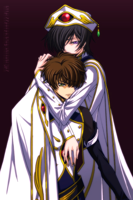 kururugi suzaku, lelouch vi britannia, code geass, 00s, 2boys, hat, hug, male focus, multiple boys, yaoi