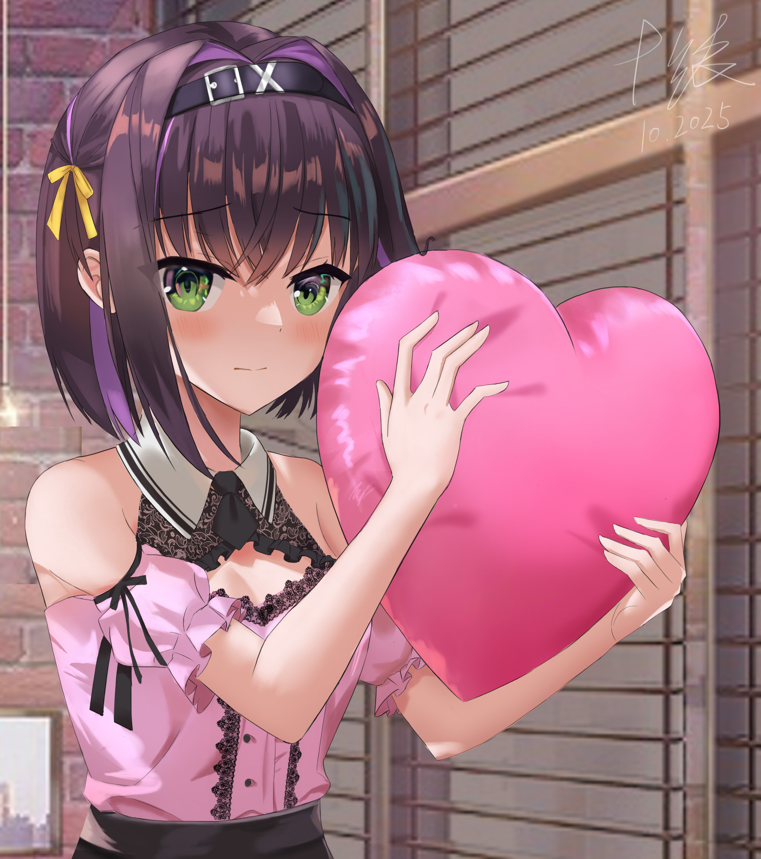 jidijichengren, nabari anju, limelight lemonade jam, absurdres, commentary, english commentary, highres, 1girl, bare shoulders, black hair, black necktie, black skirt, blush, breasts, center frills, cleavage, cleavage cutout, closed mouth, clothing cutout, collared shirt, crossed bangs, dated, detached sleeves, eyes visible through hair, frilled shirt, frilled sleeves, frills, furrowed brow, green eyes, hair belt, hair between eyes, hair intakes, hair ornament, hair ribbon, hands up, heart, holding, holding heart, indoors, jirai kei, looking at viewer, medium hair, multicolored hair, necktie, photo background, pink shirt, puffy short sleeves, puffy sleeves, purple hair, ribbon, shirt, short necktie, short sleeves, sidelocks, signature, skirt, solo, split mouth, streaked hair, two-tone hair, upper body, yellow ribbon