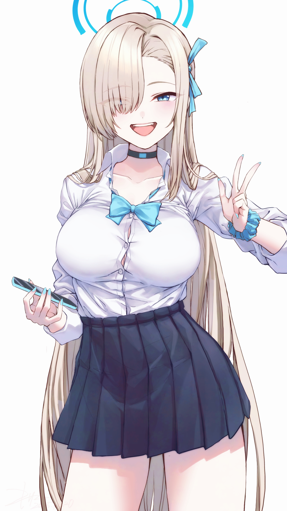 kisamu (ksmz), asuna (blue archive), blue archive, highres, 1girl, :d, black choker, black skirt, blonde hair, blue eyes, blue nails, blue ribbon, blush, breasts, button gap, cellphone, choker, cleavage, collarbone, collared shirt, contrapposto, cowboy shot, fingernails, gluteal fold, hair over one eye, hair ribbon, halo, high-waist skirt, holding, holding phone, large breasts, long fingernails, long hair, long sleeves, looking at viewer, nail polish, open mouth, phone, pleated skirt, ribbon, school uniform, scrunchie, shirt, skirt, smartphone, smile, solo, teeth, upper teeth only, very long hair, w, wrist scrunchie