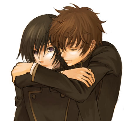 kururugi suzaku, lelouch vi britannia, code geass, lowres, 00s, 2boys, blush, closed eyes, hug, male focus, multiple boys, smile, yaoi