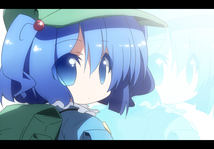 oka (bananashoe), kawashiro nitori, touhou, 1girl, backpack, bag, blue eyes, blue hair, female focus, hair bobbles, hair ornament, hat, key, letterboxed, looking back, matching hair/eyes, randoseru, short hair, solo, twintails, two side up, zoom layer