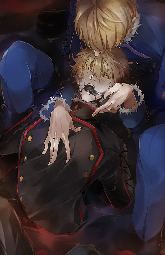 pvc parfait, arthur pendragon (fate), arthur pendragon alter (fate), fate/grand order, fate (series), 2boys, ahoge, black pants, black shirt, blonde hair, blue pants, blue shirt, buttons, dual persona, fingernails, fur-trimmed shirt, fur-trimmed sleeves, fur trim, hair between eyes, hand on another's chest, hand on another's face, liquid, long sleeves, looking at another, looking up, lying, male focus, multiple boys, on back, open mouth, pants, selfcest, shirt, short hair, sitting, teeth, tongue, wide sleeves, yaoi, yellow eyes