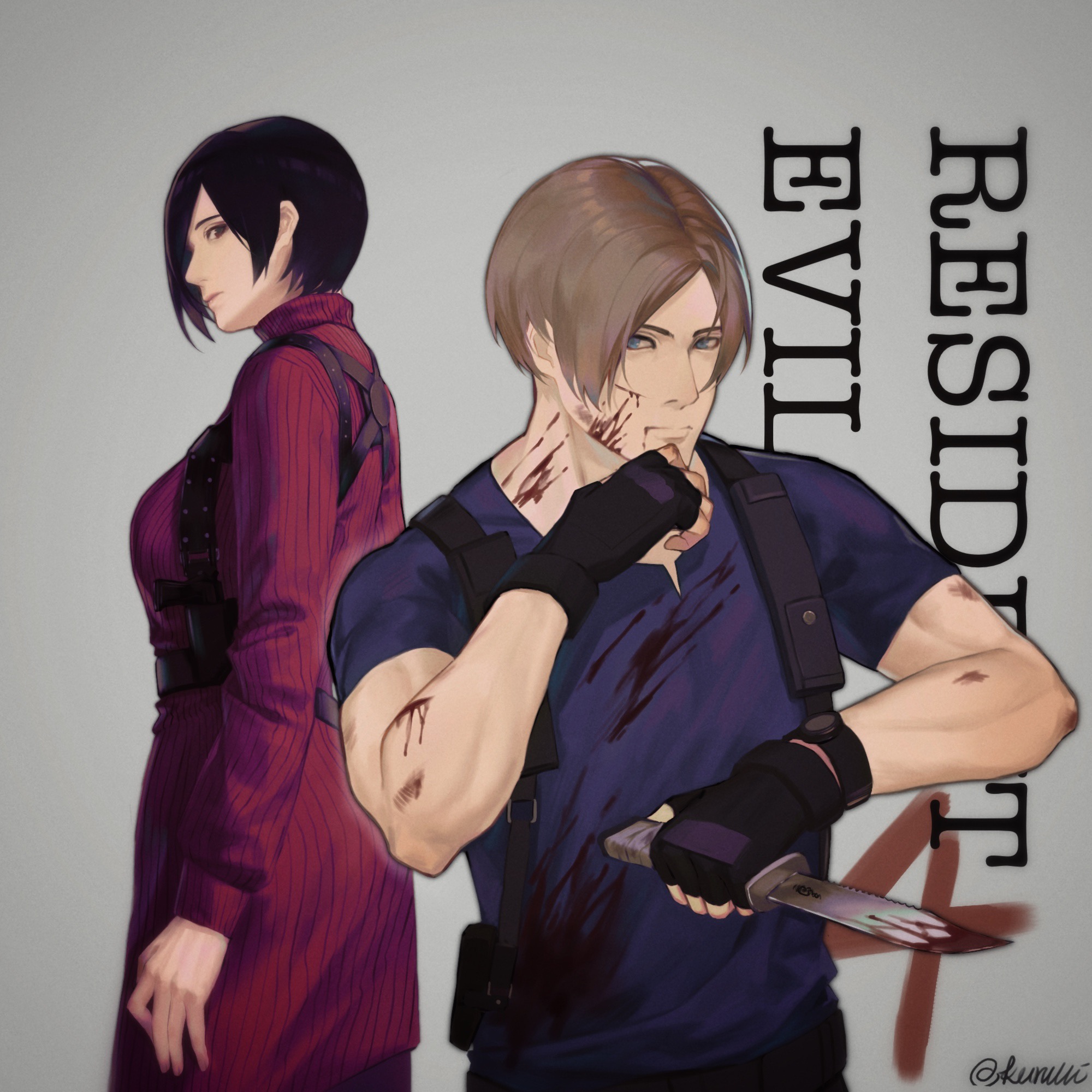 kurumi031212, ada wong, leon s. kennedy, resident evil, resident evil 4, highres, 1boy, 1girl, arm at side, black gloves, black hair, blood, blood on arm, blood on clothes, blood on face, bloody knife, bloody weapon, blue eyes, blue shirt, breasts, brown hair, chest harness, closed mouth, combat knife, copyright name, dress, fingerless gloves, gloves, harness, holding, holding knife, holding weapon, knife, long sleeves, looking at another, medium breasts, profile, red dress, ribbed dress, shirt, short hair, sideways glance, suspenders, sweater, sweater dress, t-shirt, turtleneck, turtleneck sweater, watch, weapon, wristwatch