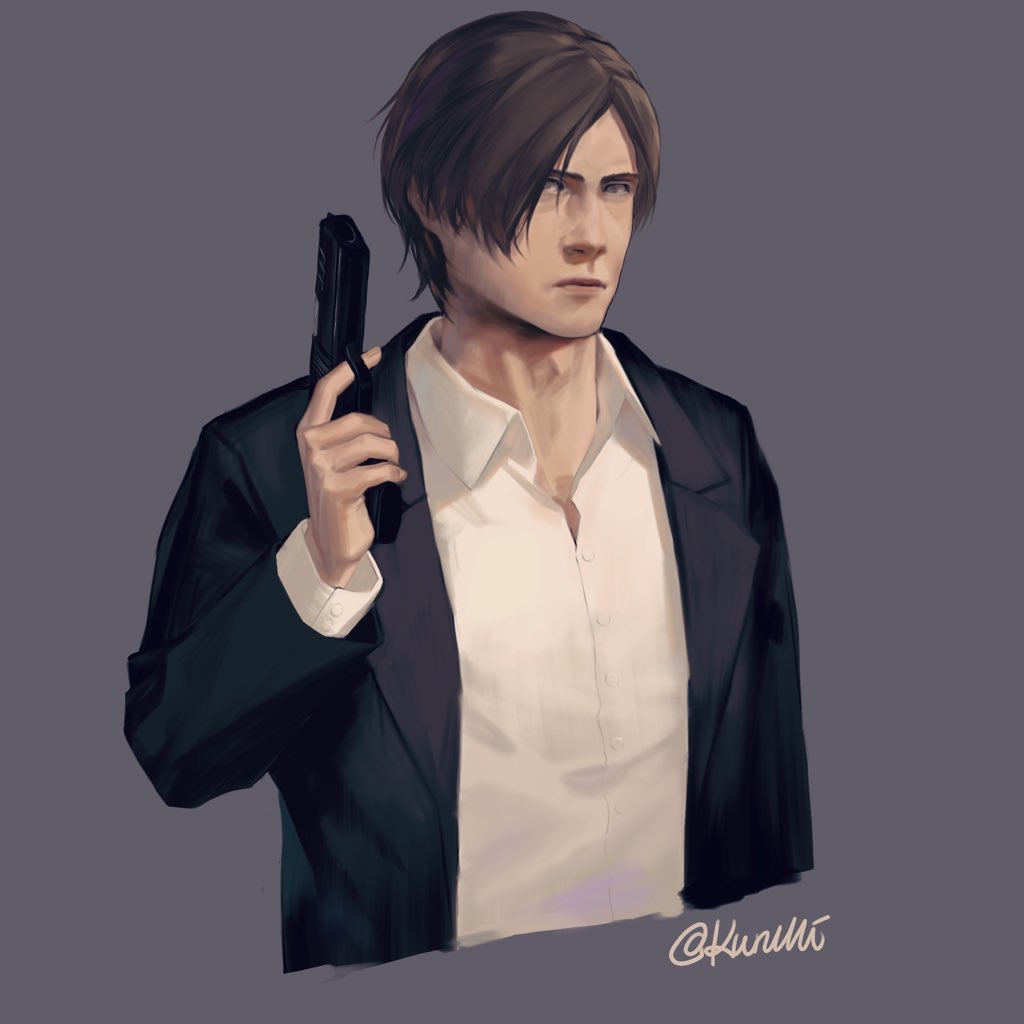 kurumi031212, leon s. kennedy, resident evil, 1boy, artist name, black jacket, brown hair, closed mouth, collared shirt, cropped torso, dress shirt, grey background, grey eyes, gun, handgun, holding, holding gun, holding weapon, jacket, long sleeves, looking at viewer, male focus, open clothes, open jacket, shirt, short hair, simple background, solo, weapon, white shirt, wing collar