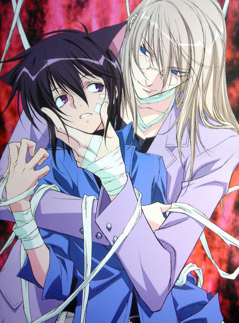 agatsuma soubi, aoyagi ritsuka, loveless, 00s, 2boys, animal ears, bandages, cat boy, cat ears, child, glasses, long hair, male focus, multiple boys, plaster, smile, smirk, yaoi