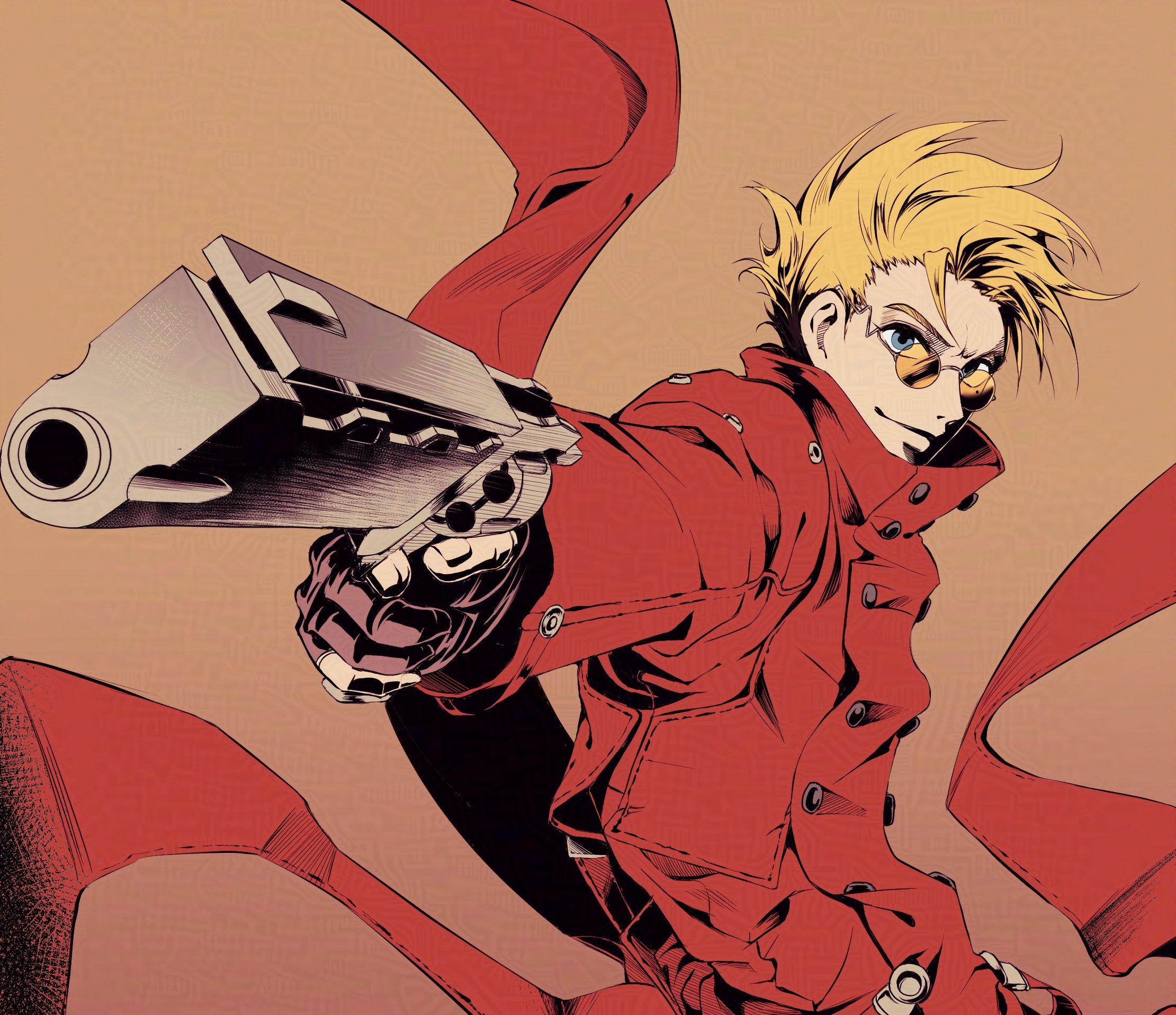 i am ttoing, vash the stampede, trigun, commentary, highres, korean commentary, 1boy, black gloves, blonde hair, blue eyes, buttons, closed mouth, coat, gloves, gun, hair up, holding, holding gun, holding weapon, male focus, orange background, red coat, round eyewear, short hair, simple background, smile, solo, upper body, weapon