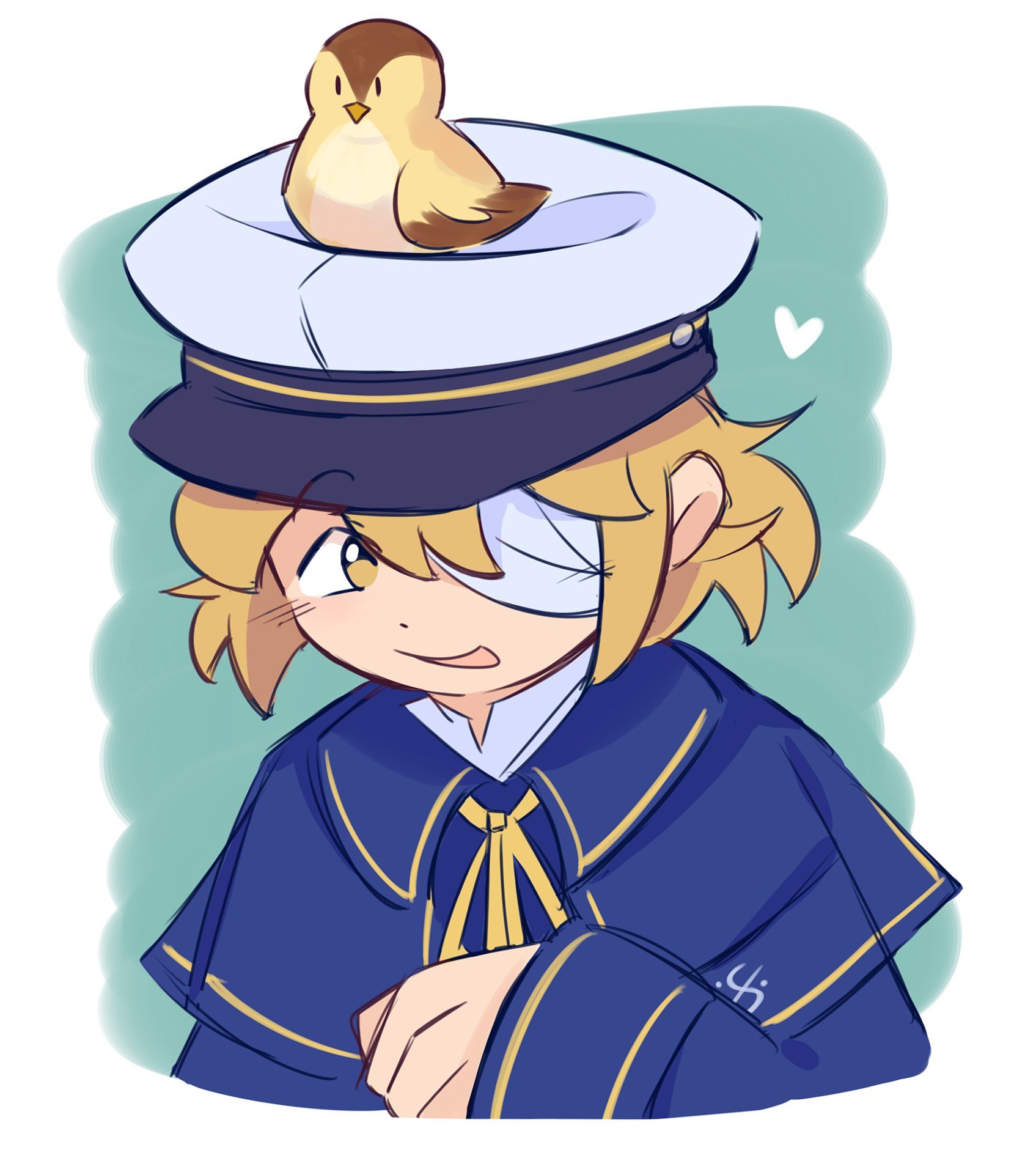 fafameow, james (vocaloid), oliver (vocaloid), vocaloid, commentary, hashtag-only commentary, highres, 1boy, bandage over one eye, bird, blonde hair, blue coat, coat, dal segno (symbol), hat, heart, looking at viewer, male focus, short hair, smile, solo, white hat, yellow eyes
