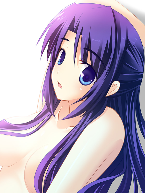 minase kuuru, asakura ryoko, suzumiya haruhi no yuuutsu, 00s, 1girl, blue eyes, blue hair, blush, breasts, completely nude, female focus, matching hair/eyes, nude, solo, white background