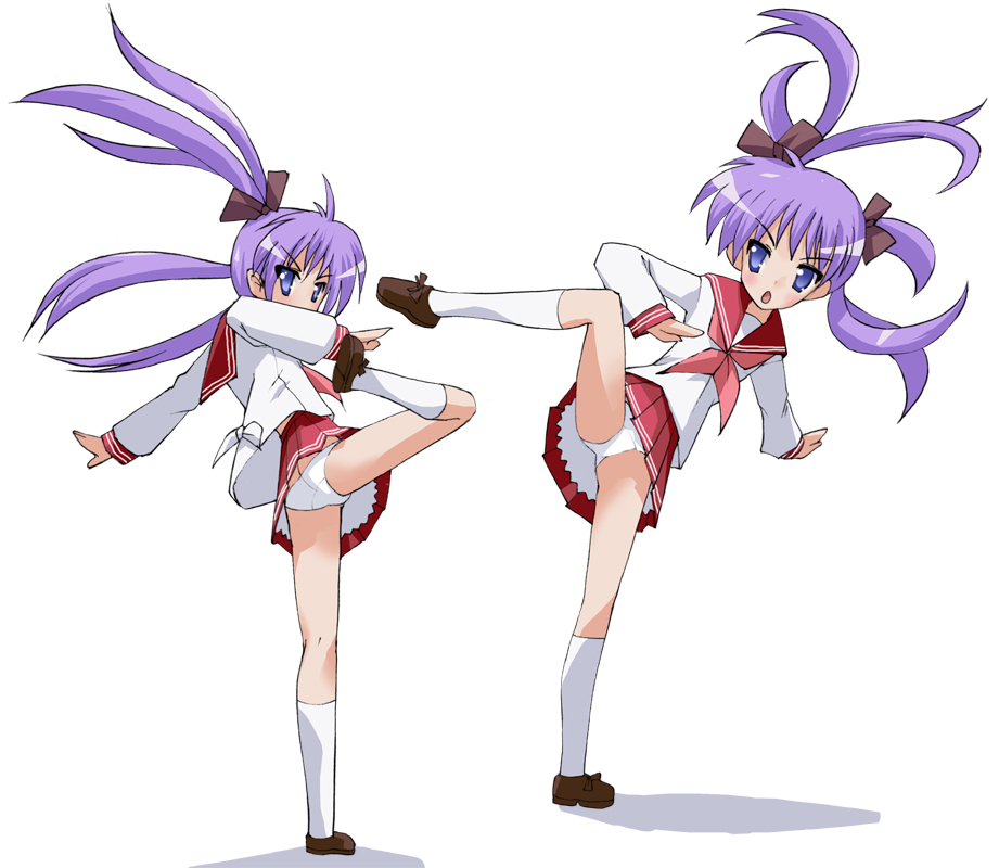 ouhashi, hiiragi kagami, lucky star, 00s, 1girl, female focus, frown, hair ribbon, high kick, kicking, kneehighs, legs, loli, long hair, midriff, open mouth, panties, pantyshot, pleated skirt, purple eyes, purple hair, ribbon, school uniform, serafuku, skirt, socks, solo, tsurime, twintails, underwear, upskirt, white background, white socks