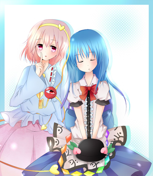 mizuki (tamago), hinanawi tenshi, komeiji satori, touhou, 2girls, blue hair, blush, female focus, food, fruit, hairband, hat, heart, long hair, multiple girls, peach, pink eyes, pink hair, ribbon, short hair, sleeping