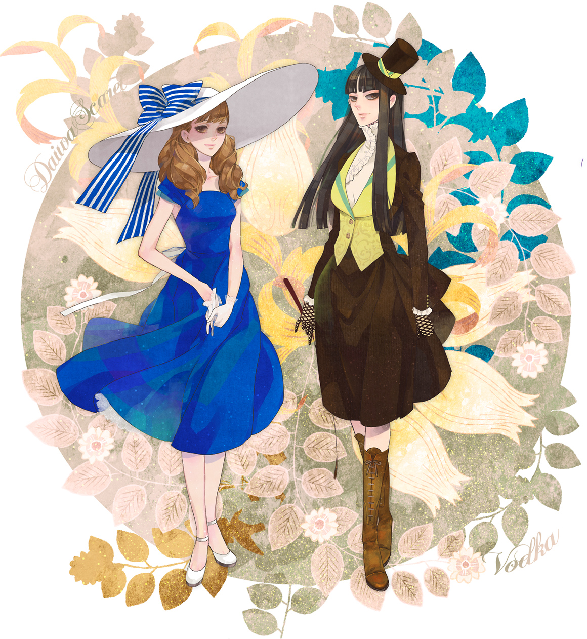 nobingo, white footwear, bad id, bad pixiv id, highres, 2girls, black hair, blue dress, blunt bangs, boots, bow, brown eyes, brown hair, dress, fashion, flower, full body, gloves, hat, hat ribbon, hime cut, holding, holding riding crop, lace, lace-up boots, lace gloves, mini hat, mini top hat, multiple girls, personification, ribbon, riding crop, shoes, striped ribbon, sun hat, top hat, vest, waistcoat, whip, white gloves