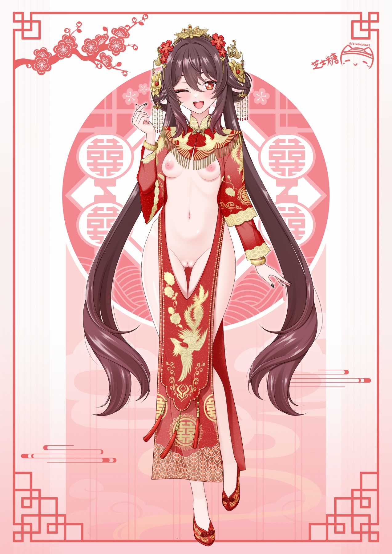 ppshex, hu tao (genshin impact), genshin impact, highres, 1girl, ;d, artificial flower, artist logo, black nails, blush, border, bracelet, brown hair, center opening, dated, finger heart, fingernails, flower, flower-shaped pupils, full body, gluteal fold, gradient background, gradient hair, hair between eyes, hair flower, hair ornament, hair rings, jewelry, layered sleeves, logo, long fingernails, long hair, long sleeves, looking at viewer, multicolored hair, nail polish, navel, nude, one eye closed, open mouth, pink background, pink border, pussy, red eyes, red flower, red hair, red shoes, see-through clothes, shoes, shrug (clothing), smile, solo, standing, symbol-shaped pupils, tassel, teeth, thigh gap, uncensored, upper teeth only, very long hair, white background