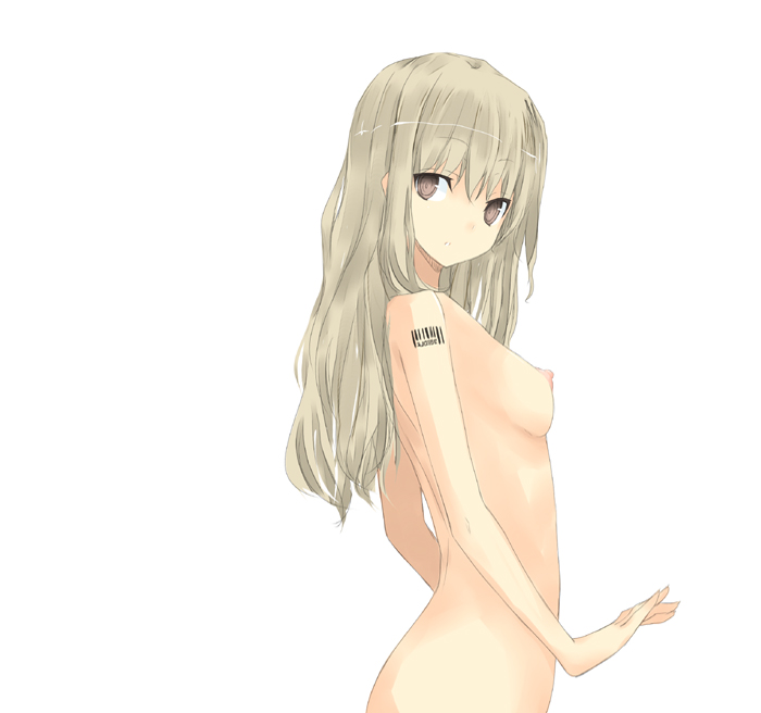 nabeshima tetsuhiro, original, 1girl, barcode, blonde hair, breasts, female focus, nipples, nude, simple background, solo, white background, yellow eyes