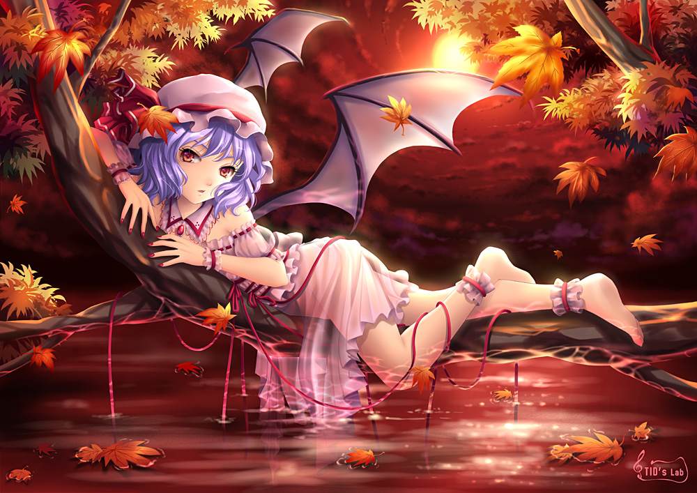 tidsean, remilia scarlet, touhou, 1girl, barefoot, bat wings, dress, feet, female focus, hat, leaf, legs, nail polish, purple hair, red nails, see-through clothes, solo, sun, tree, water, wings