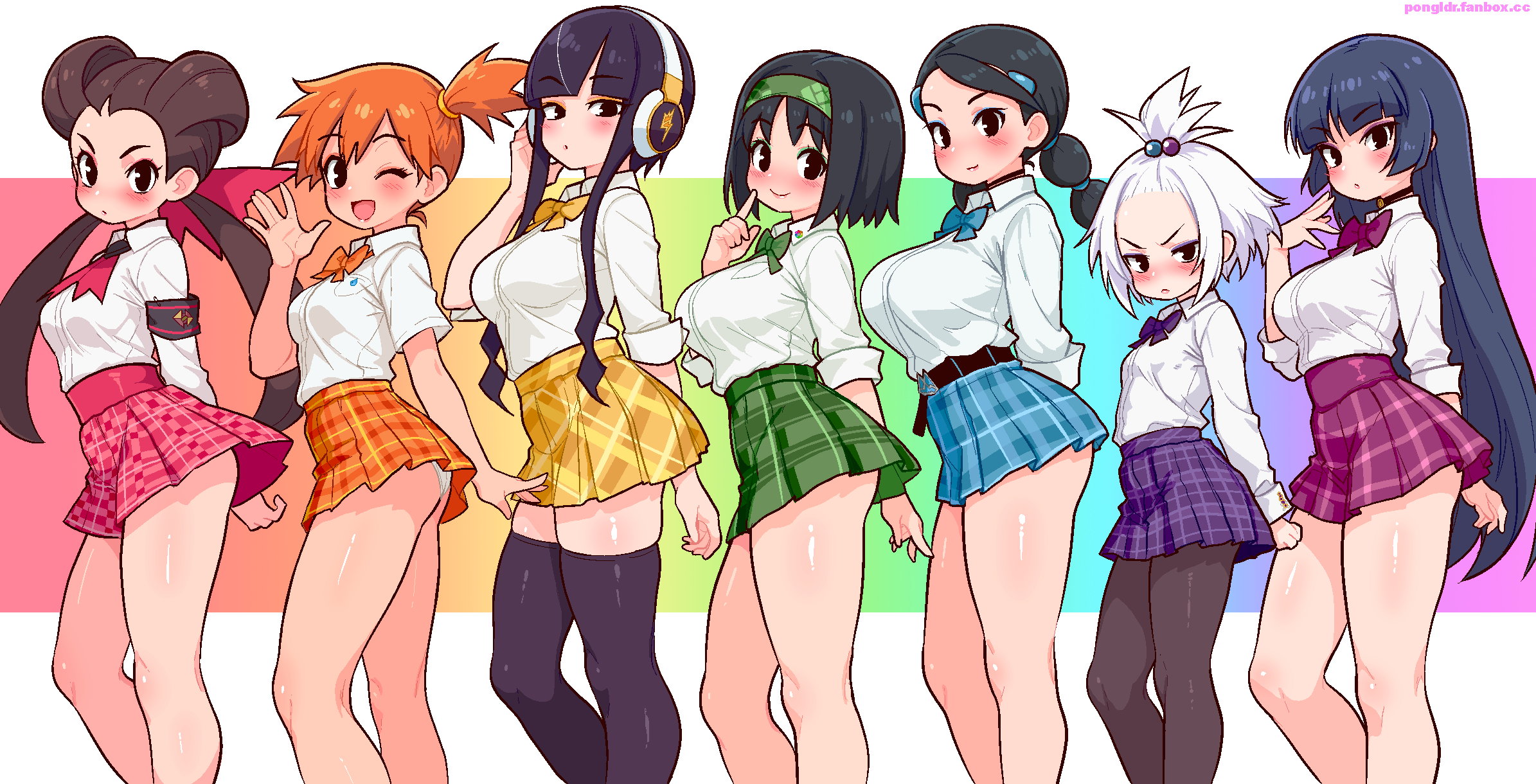 pongldr, candice (pokemon), elesa (pokemon), erika (pokemon), misty (pokemon), roxanne (pokemon), roxie (pokemon), sabrina (pokemon), nintendo, pokemon, character request, check character, highres, 6+girls, black hair, blush, bow, bowtie, breasts, large breasts, long hair, multiple girls, orange hair, panties, pantyhose, pantyshot, plaid clothes, plaid skirt, rainbow order, shirt, skirt, thighhighs, topknot, twintails, underwear, white hair, white panties, white shirt, yellow skirt