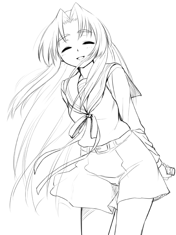 oryo (oryo04), asakura ryoko, suzumiya haruhi no yuuutsu, 00s, 1girl, closed eyes, female focus, greyscale, monochrome, school uniform, serafuku, simple background, skirt, solo, white background