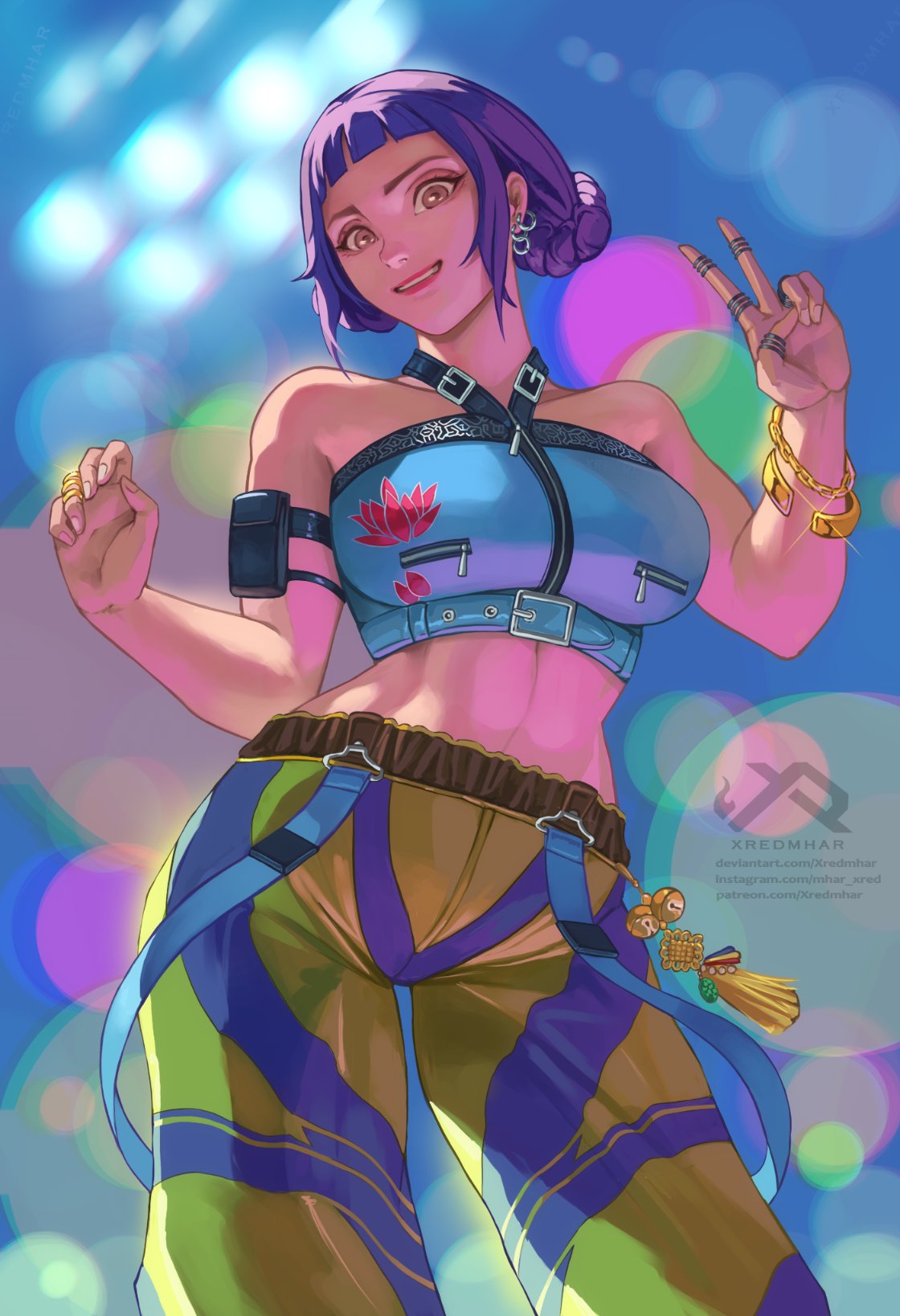xredmhar, zoey (kpop demon hunters), kpop demon hunters, commentary, english commentary, highres, 1girl, artist name, bare shoulders, breasts, brown eyes, earrings, glint, grin, jewelry, large breasts, looking at viewer, multicolored pants, pants, purple hair, ring, short hair, smile, solo, watermark, web address, yellow pants