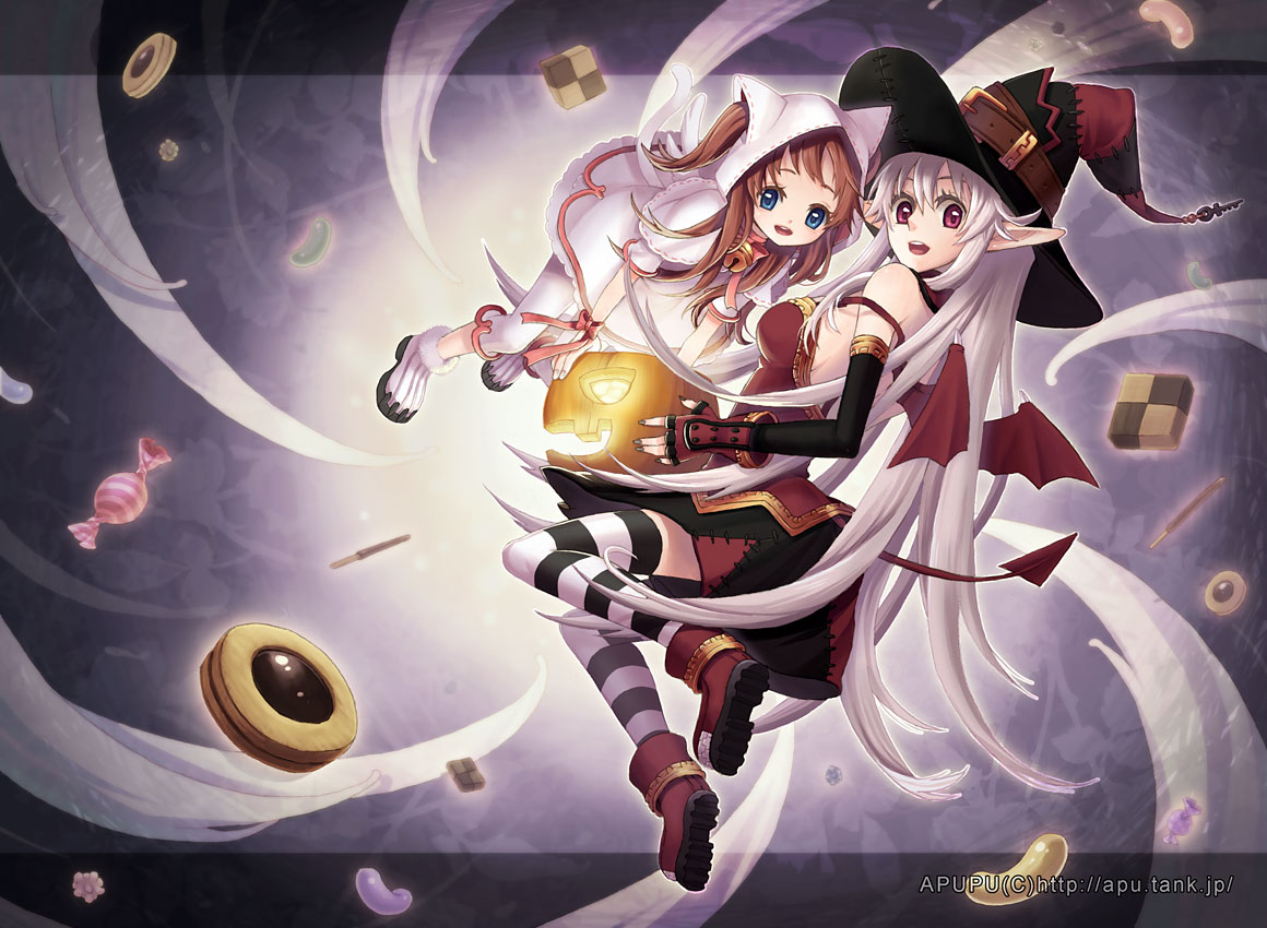 apupu, original, striped legwear, 2girls, artist name, bat wings, bell, blue eyes, brown hair, candy, checkerboard cookie, cookie, elbow gloves, fingerless gloves, food, gloves, halloween, hat, jack-o'-lantern, jelly bean, looking back, multiple girls, pocky, pointy ears, pumpkin, red eyes, striped clothes, striped thighhighs, tail, thighhighs, watermark, web address, white hair, wings, witch hat