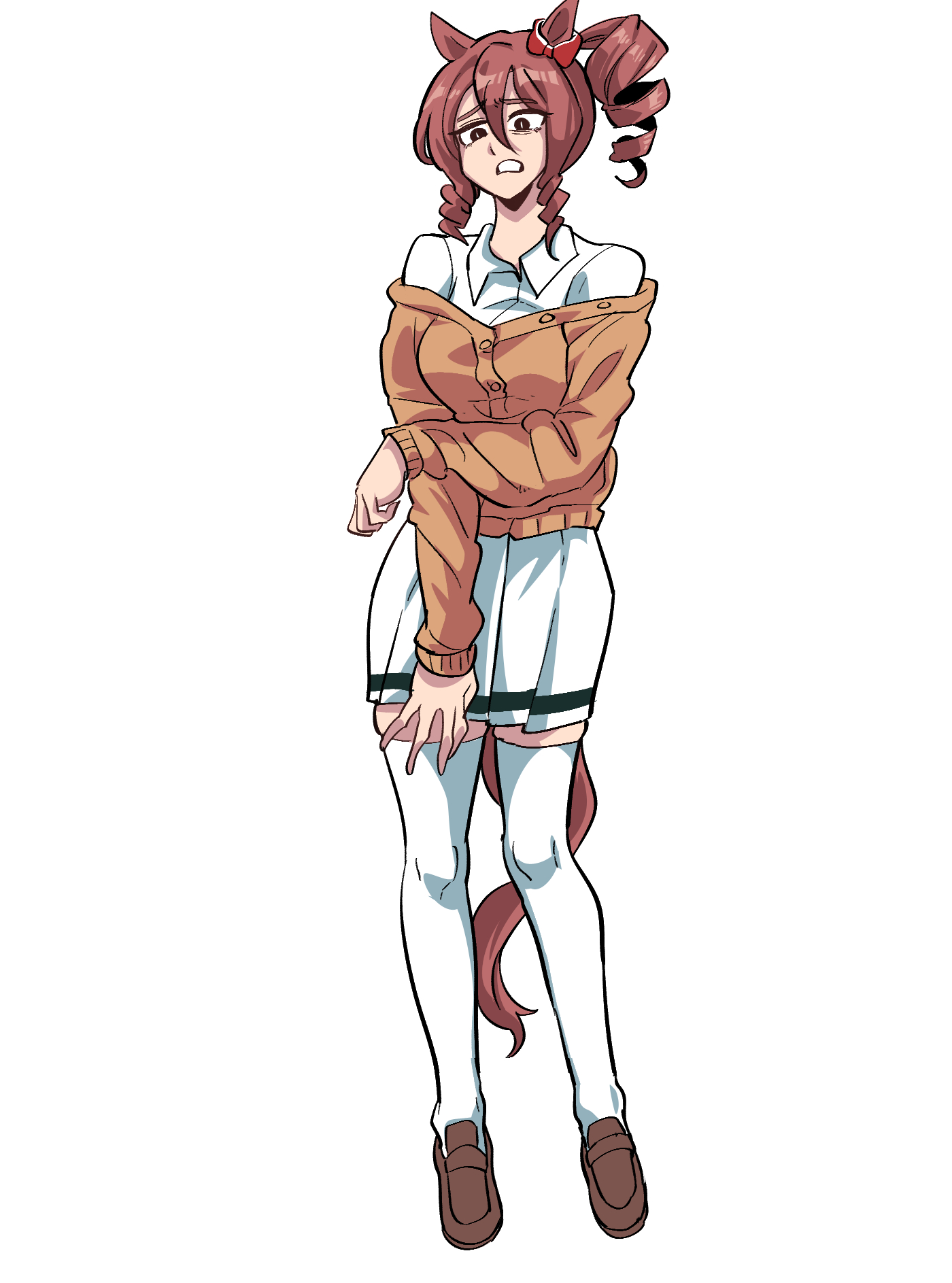 dinoyhs, norn ace (umamusume), umamusume, umamusume: cinderella gray, highres, 1girl, animal ears, brown cardigan, brown eyes, brown hair, brown shoes, cardigan, collared shirt, dress shirt, drill hair, hair between eyes, horse ears, horse girl, horse tail, loafers, pleated skirt, ringlets, shirt, shoes, side drill, side ponytail, simple background, skirt, solo, tail, thighhighs, white background, white shirt, white skirt, white thighhighs