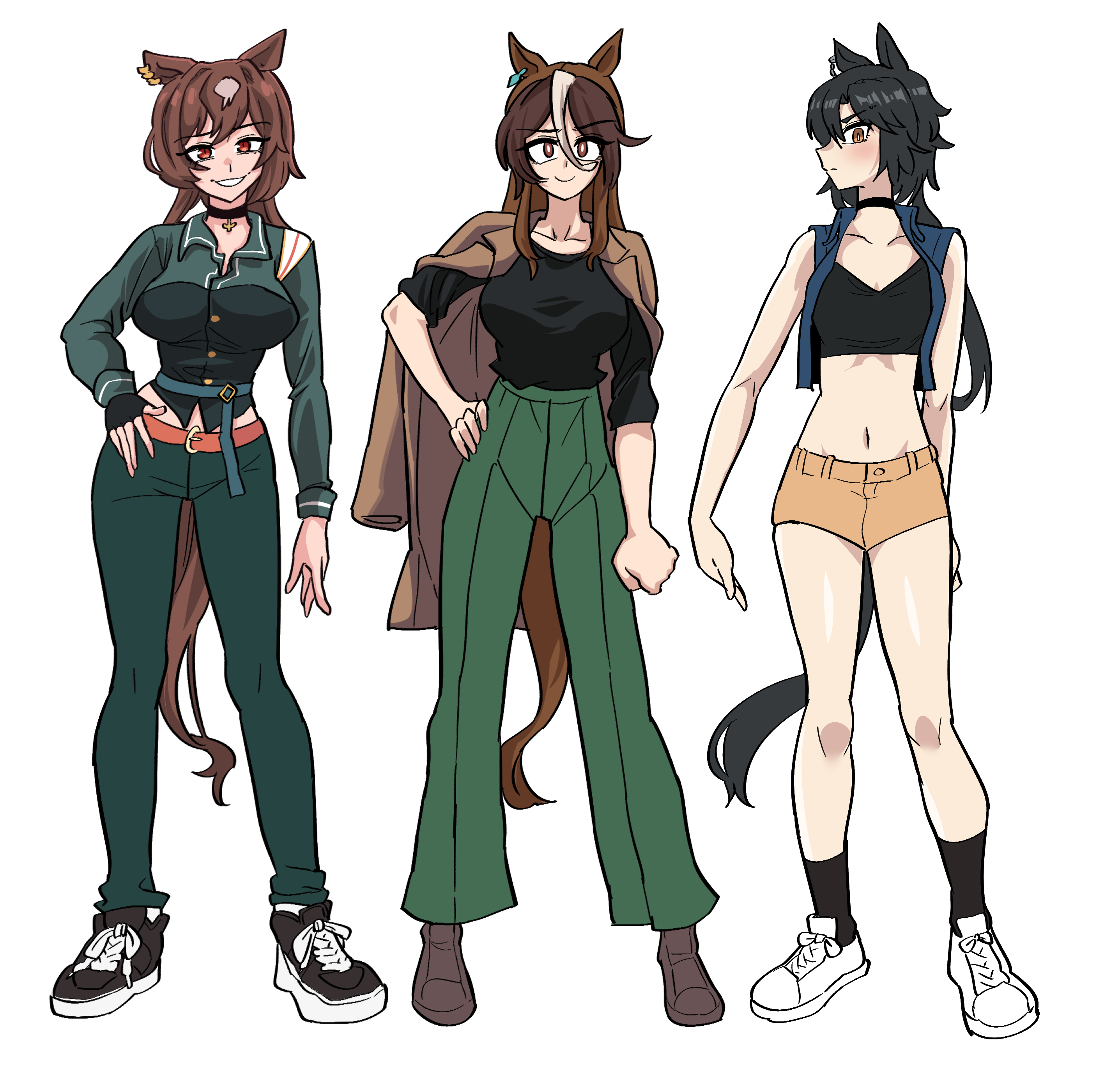 dinoyhs, sirius symboli (umamusume), symboli rudolf (umamusume), umamusume, absurdres, character request, highres, 3girls, black choker, black hair, black shirt, black shoes, black socks, blue jacket, breasts, brown eyes, brown hair, brown jacket, brown shoes, brown shorts, choker, collarbone, collared shirt, dress shirt, green pants, green shirt, groin, hand on own hip, jacket, jacket on shoulders, large breasts, long hair, multicolored hair, multiple girls, navel, open clothes, open jacket, pants, red eyes, shirt, shoes, shorts, simple background, sleeveless, sleeveless jacket, socks, standing, two-tone hair, very long hair, white background, white hair, white shoes