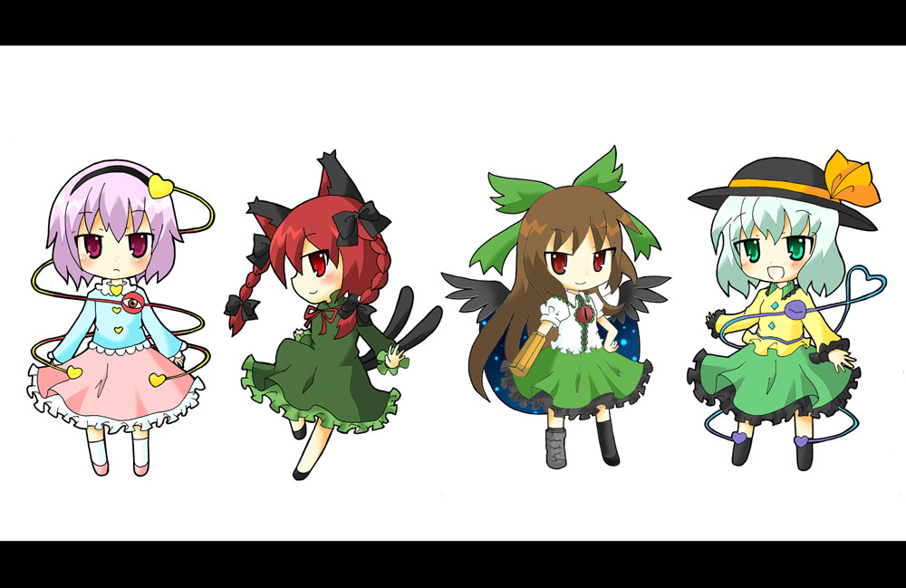 takahashi kanon, kaenbyou rin, komeiji koishi, komeiji satori, reiuji utsuho, touhou, bad id, bad pixiv id, 4girls, animal ears, bow, braid, brown hair, cat ears, cat girl, cat tail, chibi, female focus, green eyes, green hair, hair ribbon, hairband, hat, heart, heart of string, letterboxed, long hair, multiple girls, pink eyes, purple hair, red eyes, red hair, ribbon, short hair, tail, twin braids, twintails, wings
